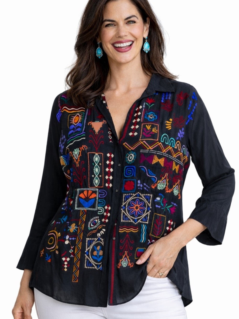 Johnny Was Campos heavily embroidered silk shirt NWT